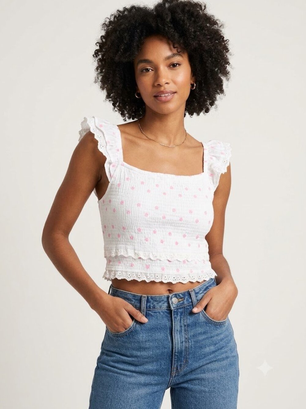 Japna White Cropped Smocked Top with Pink Dot Embroidery